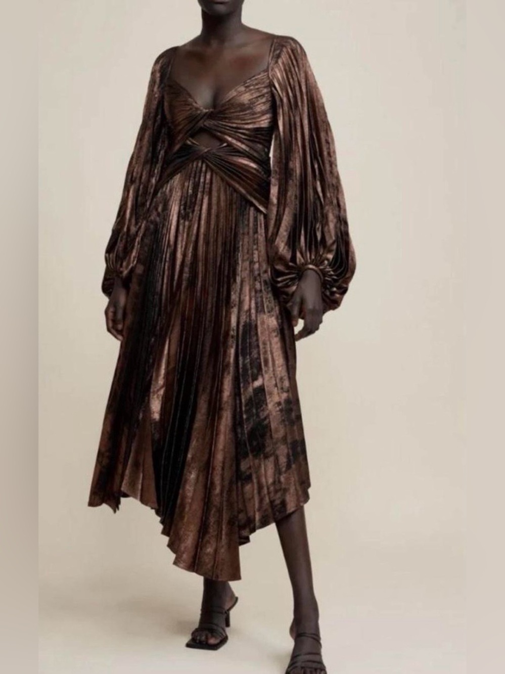 Brown Metallic Twist-Front Midi Dress